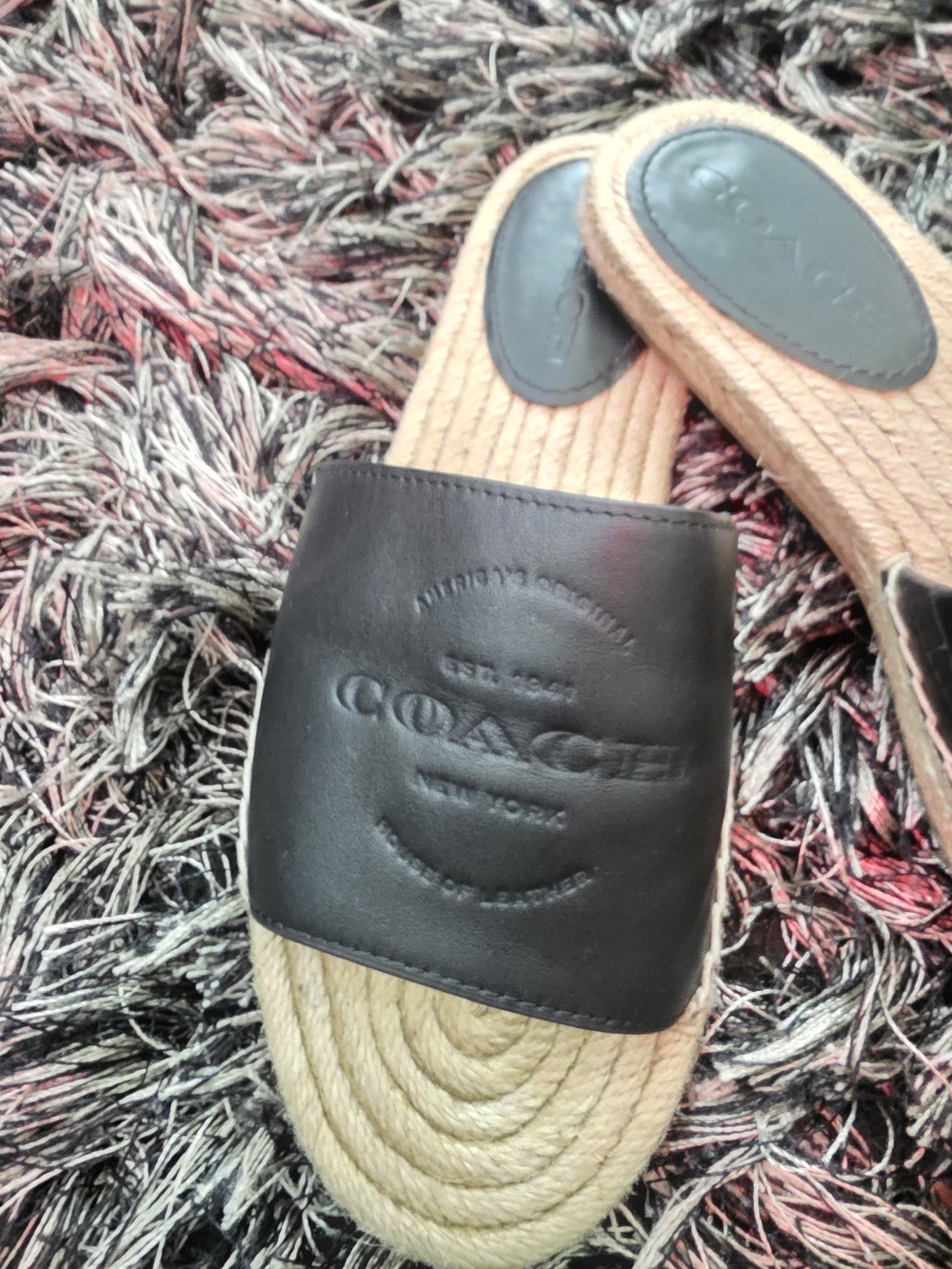 Coach Black Leather Slide Sandals with Rope Footbed - Picture 2 of 4